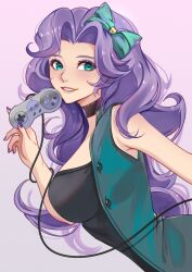 Rule 34 | 1girl, abigail (stardew valley), aqua eyes, aqua jacket, aqua ribbon, artist name, black choker, black shirt, choker, commentary, controller, english commentary, fingernails, game controller, grey background, grin, hair ribbon, highres, holding, holding controller, holding game controller, jacket, lips, long hair, looking at viewer, nail polish, open clothes, open jacket, pink lips, pixie (pixieinktvis), purple hair, purple nails, ribbon, shirt, simple background, sleeveless, sleeveless jacket, smile, solo, stardew valley, wavy hair