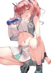 Rule 34 | 1girl, 7gao, azur lane, bag, bare shoulders, bottle, breasts, breath, bremerton (azur lane), bremerton (scorching-hot training) (azur lane), chain-link fence, commentary request, crop top, crop top overhang, covered erect nipples, fence, grey panties, highres, holding, large breasts, long hair, looking at viewer, midriff, miniskirt, multicolored hair, navel, panties, pleated skirt, red eyes, red hair, shirt, shoes, simple background, skirt, sleeveless, sleeveless shirt, sneakers, solo, squatting, stomach, sweat, sweatband, thighs, tongue, tongue out, twintails, two-tone hair, underboob, underwear, white background, white shirt, white skirt