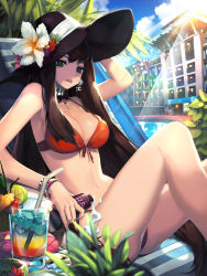 Rule 34 | 1girl, absurdres, arm up, bangle, bare shoulders, bikini, black eyes, blurry, bracelet, breasts, brown hair, building, chair, choker, cleavage, cocktail, cup, depth of field, drinking glass, drinking straw, earrings, flower, food, front-tie top, fruit, furyou michi ~gang road~, hat, highres, hyeona, ice, ice cube, jewelry, key, kowada utai, large breasts, lens flare, light rays, long hair, looking at viewer, lotion, lots of jewelry, lounge chair, lying, necklace, orange bikini, parted lips, pearl necklace, pendant, plant, poker chip, pool, reclining, sidelocks, solo, strap gap, sun hat, sunbeam, sunlight, sunscreen, swimsuit, very long hair, wristband