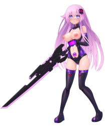 Rule 34 | 1girl, blue eyes, breasts, breasts out, clothing cutout, corruption, dark persona, elbow gloves, full body, gloves, hair ornament, highres, kemurin, leotard, long hair, looking at viewer, medium breasts, navel, navel cutout, neptune (series), nipples, pink hair, pubic tattoo, purple leotard, purple sister, pussy juice, simple background, skindentation, solo, symbol-shaped pupils, tattoo, thighhighs, very long hair, white background