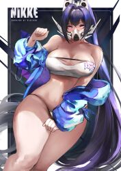 Rule 34 | 1girl, absurdres, bikini, black hair, breasts, cleavage, collarbone, copyright name, covering privates, covering crotch, goddess of victory: nikke, hair between eyes, headgear, high ponytail, highres, jacket, large breasts, long hair, looking at viewer, mask, mouth mask, off shoulder, open clothes, open jacket, purple eyes, purple jacket, sin (nikke), solo, standing, strapless, swimsuit, thick thighs, thighs, tube top, very long hair, wide hips, yujieai
