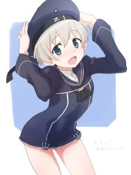 Rule 34 | 10s, 1girl, @@@, bad id, bad pixiv id, beret, blue eyes, blush, clothes writing, dress, hat, kantai collection, open mouth, outside border, personification, sailor collar, sailor dress, sailor hat, short hair, silver hair, solo, z1 leberecht maass (kancolle)