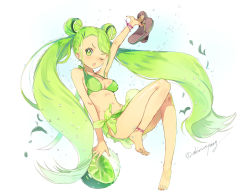Rule 34 | 1girl, anklet, bad id, bad pixiv id, barefoot, bikini, blush, breasts, cleavage, cookie run, full body, gradient background, gradient hair, green bikini, green eyes, green hair, green theme, hair ornament, hairclip, jewelry, lime cookie, long hair, macciatto (aciel02), matching hair/eyes, multicolored hair, one eye closed, sandals, unworn sandals, solo, swimsuit, twintails, twitter username, very long hair