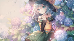 Rule 34 | 1girl, absurdres, aqua nails, bare shoulders, black hat, blue eyes, blue flower, blue hair, blurry, blurry foreground, bow, closed mouth, commentary request, depth of field, fingernails, flower, frilled sleeves, frills, green skirt, hair between eyes, hat, hat bow, highres, hydrangea, komeiji koishi, long hair, long sleeves, looking at viewer, nail polish, off-shoulder shirt, off shoulder, pleated skirt, purple flower, rain, rokusai, shirt, skirt, smile, solo, third eye, touhou, water drop, white flower, wide sleeves, yellow bow, yellow shirt