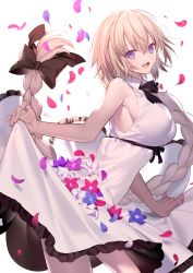 Rule 34 | 1girl, absurdres, bare shoulders, black ribbon, blonde hair, blue eyes, blue flower, braid, breasts, casual, commentary request, contemporary, cowboy shot, dress, fate/grand order, fate (series), flower, hair ribbon, highres, jeanne d&#039;arc (fate), jeanne d&#039;arc (ruler) (fate), large breasts, leaning forward, lifting own clothes, long braid, long hair, looking at viewer, mashima saki (mashimasa), official alternate costume, open mouth, petals, red flower, ribbon, single braid, sleeveless, sleeveless dress, solo, very long hair, white dress, white flower