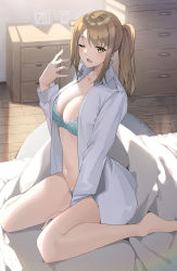 Rule 34 | 1girl, barefoot, bed, between legs, bra, breasts, comforter, green eyes, hand between legs, highres, large breasts, light brown hair, lingerie, one eye closed, open clothes, open mouth, open shirt, original, oversized clothes, oversized shirt, ponytail, raitho, shirt, sidelocks, sitting, sleepy, solo, underwear, wariza, yawning
