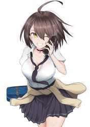 Rule 34 | 1girl, ahoge, azur lane, bag, baltimore (after-school ace) (azur lane), baltimore (azur lane), beige cardigan, black choker, black necktie, black skirt, bottle, bottle to cheek, braid, breasts, brown hair, cardigan, cardigan around waist, choker, cleavage, clothes around waist, coca-cola, collarbone, collared shirt, commentary, cowboy shot, french braid, gnlo, grin, hair between eyes, hand up, highres, holding, holding bag, holding bottle, huge ahoge, large breasts, looking at viewer, loose necktie, necktie, official alternate costume, one eye closed, partially unbuttoned, pleated skirt, school bag, school uniform, shirt, short hair, short sleeves, sidelocks, simple background, skirt, smile, solo, standing, teeth, white background, white shirt, yellow eyes