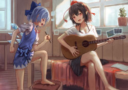 Rule 34 | 2girls, acoustic guitar, adapted costume, barefoot, bench, black hair, blue hair, breasts, cirno, cleavage, clenched hands, closed eyes, commentary request, crossed legs, dress, guitar, halterneck, hat, head tilt, ice, ice wings, indoors, instrument, multiple girls, music, neck ribbon, open mouth, pinafore dress, plant, pointy ears, potted plant, red headwear, ribbon, roke (taikodon), shameimaru aya, shirt, short sleeves, shorts, singing, sitting, sleeveless dress, tokin hat, touhou, white shirt, window, wings, wooden floor