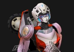 Rule 34 | 1girl, arcee, artist name, assault visor, autobot, black background, blue eyes, delari, glowing, glowing eyes, grey lips, looking to the side, mecha, robot, smile, solo, transformers, transformers: rise of the beasts, transformers (live action), upper body