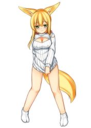 Rule 34 | 1girl, animal ears, blonde hair, breasts, cleavage cutout, clothing cutout, colored eyelashes, covering privates, covering crotch, embarrassed, covered erect nipples, fox ears, fox tail, green eyes, highres, himeka chiyako, large breasts, long hair, meme attire, minaha (playjoe2005), naked sweater, open-chest sweater, original, solo, sweater, tail, wavy mouth