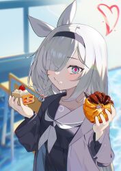 Rule 34 | 1girl, absurdres, black coat, black hairband, black sailor collar, black serafuku, black skirt, blue archive, blush, braid, cake, closed mouth, coat, doughnut, eating, eyes visible through hair, food, food on face, grey eyes, grey hair, hair over one eye, hairband, halo, highres, holding, holding food, long hair, long sleeves, looking at viewer, nakare2845, neckerchief, open clothes, open coat, plana (blue archive), pleated skirt, red halo, sailor collar, school uniform, serafuku, single braid, skirt, solo, upper body, white neckerchief