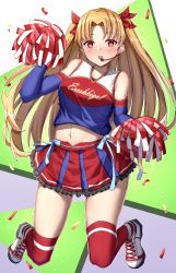 Rule 34 | 1girl, absurdres, alternate costume, bare shoulders, blonde hair, blush, character name, cheerleader, detached sleeves, ereshkigal (fate), fate/grand order, fate (series), full body, hair ornament, headset, highres, long hair, long sleeves, microphone, open mouth, parted bangs, pom pom (cheerleading), red eyes, red thighhighs, smile, thighhighs, toukan, twintails, white footwear
