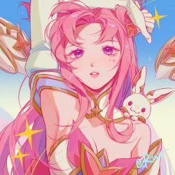 Rule 34 | 1girl, absurdres, armpits, bare shoulders, blue background, blush, bow, bowtie, breasts, cleavage, detached sleeves, detached wings, elbow gloves, gloves, gradient background, hair ornament, highres, kai&#039;sa, large breasts, league of legends, long hair, pink bow, pink bowtie, pink eyes, pink hair, ruan chen yue, solo, star (symbol), star guardian kai&#039;sa, star hair ornament, teeth, white gloves, wings