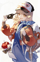Rule 34 | 1girl, :d, alan lan lan, apple, apple (reverse:1999), backpack, bag, black bow, black bowtie, blue dress, blue neckerchief, bow, bowtie, brown bag, brown hair, cabbie hat, dress, food, fruit, hands up, hat, highres, holding, holding removed eyewear, jacket, long sleeves, looking at viewer, medium hair, neckerchief, open bag, open clothes, open jacket, open mouth, polka dot neckerchief, puffy long sleeves, puffy sleeves, red jacket, regulus (reverse:1999), reverse:1999, smile, solo, sunglasses, teeth, traditional bowtie, unworn eyewear, upper body, upper teeth only, white background, yellow eyes