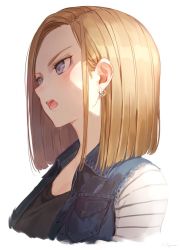 Rule 34 | 1girl, android 18, bad id, bad twitter id, blonde hair, blue eyes, cyborg, dragon ball, dragonball z, earrings, highres, jewelry, ryota (ry o ta), short hair, simple background, smile, solo, white background