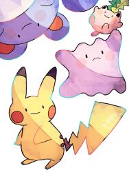 Rule 34 | animal focus, blue skin, colored skin, commentary request, creatures (company), ditto, frown, game freak, gen 1 pokemon, gen 2 pokemon, hanabusaoekaki, highres, hoppip, marill, nintendo, no humans, pikachu, pink skin, pokemon, pokemon (creature), simple background, smile, solid oval eyes, tail, transformed ditto, upside-down, white background, yellow skin