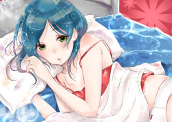 Rule 34 | 1girl, bad id, bad pixiv id, blue hair, blush, bubble, camisole, green eyes, lying, murabito c, on bed, on side, panties, parted lips, pillow, rinoda mano, school girl strikers, solo, underwear, waking up, white panties