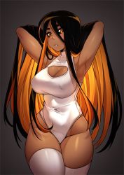 Rule 34 | 1girl, armpits, arms behind head, arms up, black hair, black hole, black sclera, breasts, cleavage, cleavage cutout, clothing cutout, colored sclera, covered erect nipples, cowboy shot, curvy, dark-skinned female, dark skin, grey background, highres, iwbitu, large breasts, leotard, long hair, looking at viewer, m87 black hole, multicolored hair, orange eyes, orange hair, original, parted lips, personification, solo, teeth, thick thighs, thighhighs, thighs, very long hair, white hair, wide hips