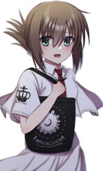 Rule 34 | 1girl, :d, aqua eyes, bag, blush, brown hair, capelet, collared shirt, colored eyelashes, commentary request, copyright name, crescent print, eyes visible through hair, fang, folded ponytail, hair between eyes, hand up, highres, holding, holding bag, looking at viewer, mahigu re, medium hair, necktie, open mouth, red necktie, school uniform, shirt, simple background, skirt, smile, solo, subarashiki hibi, tachibana kimika, white background, white capelet, white shirt, white skirt