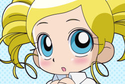 Rule 34 | 00s, 1girl, blonde hair, blue eyes, bubble, goutokuji miyako, looking at viewer, open mouth, portrait, powerpuff girls, powerpuff girls z, rolling bubbles, solo