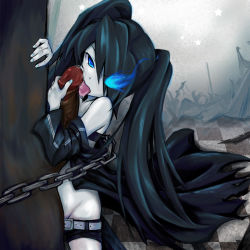 Rule 34 | 10s, 1girl, bad id, bad pixiv id, belt, black rock shooter, black rock shooter (character), censored, chain, fellatio, glowing, glowing eyes, groin, hair over one eye, licking, okoge, oral, penis, precum, sex, shorts, solo focus