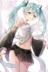 Rule 34 | 1girl, angel wings, aqua eyes, aqua hair, bad id, bad twitter id, bare shoulders, black skirt, blush, breasts, commentary, cowboy shot, detached sleeves, hair between eyes, hair ornament, halo, hatsune miku, liby (libtnvd), light blush, long hair, midriff, miniskirt, navel, necktie, skirt, small breasts, solo, symbol-only commentary, thighs, twintails, very long hair, vocaloid, wings