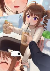 Rule 34 | !, 1girl, ahoge, backpack, bag, black jacket, black pantyhose, blush, brown hair, brown scrunchie, brown skirt, bubble tea, closed eyes, closed mouth, comic, commentary, cup, day, disposable cup, drill hair, drinking, drinking straw, flying sweatdrops, food, giving, grey hair, hair ornament, hair scrunchie, holding, holding food, idolmaster, idolmaster million live!, indirect kiss, jacket, kamille (vcx68), leaning to the side, lens flare, looking at viewer, medium hair, miniskirt, open mouth, outdoors, pantyhose, pov, purple eyes, sandwich, scrunchie, shared food, side drill, side ponytail, sidelocks, sitting, skirt, spoken exclamation mark, yokoyama nao