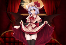 Rule 34 | 1girl, ascot, black thighhighs, blue hair, brooch, clothes lift, couch, curtains, female focus, jewelry, panties, red eyes, remilia scarlet, short hair, skirt, skirt lift, solo, thighhighs, touhou, underwear, upskirt, utakata (kochou no yume), window, wings