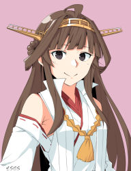 Rule 34 | 1girl, ahoge, artist name, brown hair, commentary request, detached sleeves, double bun, hair bun, hairband, headgear, japanese clothes, kantai collection, kongou (kancolle), kongou kai ni (kancolle), long hair, looking at viewer, moti coi, one-hour drawing challenge, pink background, ribbon-trimmed sleeves, ribbon trim, smile, solo, upper body