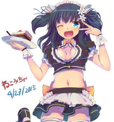 Rule 34 | 1girl, ;d, blue eyes, breasts, cake, cleavage, cleavage cutout, clothing cutout, dated, fang, food, green hair, highres, holding, long hair, maid, maid headdress, midriff, navel, nekomicha, one eye closed, open mouth, original, panties, pantyshot, parody, plate, rei no himo, skirt, smile, solo, thighhighs, two side up, underwear, white panties, wrist cuffs
