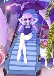Rule 34 | 1girl, absurdres, arms up, ball, bare legs, barefoot, beach, beach chair, beachball, coconut cup, cooler, covered navel, crossed legs, duel monster, flat chest, full body, ghost reaper &amp; winter cherries, hair between eyes, highres, lifebuoy, long hair, looking at viewer, lying, name tag, on back, pink-framed eyewear, pink hair, school swimsuit, scythe, solo, sunglasses, swim ring, swimsuit, twintails, yassy, yu-gi-oh!