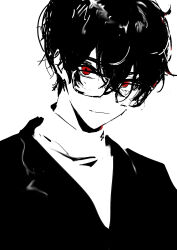 Rule 34 | 1boy, absurdres, amamiya ren, closed mouth, glasses, greyscale, hair between eyes, highres, jacket, looking at viewer, male focus, monochrome, persona, persona 5, red eyes, school uniform, shuujin academy school uniform, simple background, solo, spot color, suechimu, upper body