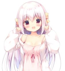 Rule 34 | 1girl, :d, bare shoulders, blush, bow, breasts, child, collarbone, commentary request, coron (canvas+garden), dress, fingernails, hair between eyes, hair bow, hands up, highres, jacket, long sleeves, looking at viewer, miyasaka naco, nail polish, open clothes, open jacket, open mouth, original, pinching sleeves, pink dress, pink nails, puffy long sleeves, puffy sleeves, red eyes, red ribbon, ribbon, simple background, sleeveless, sleeveless dress, small breasts, smile, solo, white background, white hair, white jacket, yellow bow