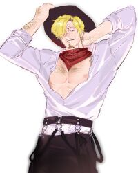 Rule 34 | 1boy, adjusting clothes, adjusting headwear, alternate costume, arms behind head, black pants, blonde hair, blue eyes, chest hair, cow boy, facial hair, hair over one eye, hat, highres, looking at viewer, male focus, neckerchief, nipples, one piece, pants, partially unbuttoned, pectorals, sanji (one piece), shirt, shirt tucked in, short hair, sleeves rolled up, smile, solo, sweetdou3, toned, toned male, upper body, white background, white shirt
