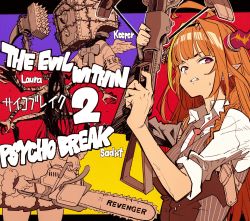 Rule 34 | 3girls, ahoge, alternate costume, amane kanata, angel, angel wings, armband, barbed wire, black hairband, blonde hair, blunt bangs, bow, bow (weapon), bowtie, breasts, chainsaw, collared shirt, commentary request, cosplay, crossbow, dress, english text, extra arms, feathered wings, fur-trimmed dress, fur-trimmed sleeves, fur trim, gun, hair ornament, hairband, hammer, highres, holding, holding chainsaw, holding weapon, hololive, holster, horn bow, horn ornament, horns, kiryu coco, long hair, looking to the side, mask, medium breasts, monster, multicolored hair, multiple girls, neck ribbon, necktie, orange hair, pinstripe pattern, pinstripe vest, pointy ears, red neckwear, ribbon, safe (container), sebastian castellanos, sebastian castellanos (cosplay), shirt, shoulder holster, sleeves rolled up, streaked hair, striped bow, striped clothes, striped vest, sweatdrop, tamo (gaikogaigaiko), text focus, the evil within, tsunomaki watame, upper body, very long hair, vest, virtual youtuber, weapon, white shirt, wings