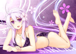 Rule 34 | 1girl, :d, ahoge, animal print, ass, barefoot, bikini, breasts, character name, cherry blossoms, cleavage, cu-no, feet, flower, hair flower, hair ornament, hisen kaede, jewelry, kikyou-0423, large breasts, legs up, leopard print, long hair, looking at viewer, lying, nail polish, necklace, official art, on stomach, open mouth, purple bikini, purple eyes, purple hair, smile, soles, solo, string bikini, swimsuit, the pose, toes, yayoi sakura