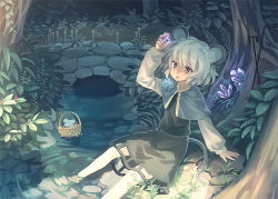 Rule 34 | 1girl, :o, animal ears, arm support, basket, black dress, capelet, commentary request, crystal, dowsing rod, dress, fern, gem, glowing, grey hair, hand up, holding, in basket, jewelry, long sleeves, mouse (animal), mouse ears, mouse tail, nature, nazrin, on ground, orita enpitsu, outdoors, pendant, plant, puffy long sleeves, puffy sleeves, river, rock, soaking feet, solo, stream, sunlight, tail, touhou, tree, tree shade, yellow eyes