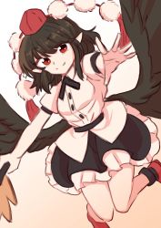 Rule 34 | 1girl, bird wings, black hair, black ribbon, black skirt, black wings, breasts, closed mouth, collared shirt, feathered wings, frilled skirt, frills, fugaku (miko no miyatsuguchi), gradient background, happy, hat, hauchiwa, highres, medium hair, miniskirt, one-hour drawing challenge, outstretched arm, pointy ears, pom pom (clothes), puffy short sleeves, puffy sleeves, red eyes, red footwear, red hat, ribbon, shameimaru aya, shirt, short sleeves, skirt, small breasts, smile, solo, tassel, tengu, tokin hat, touhou, white shirt, wings