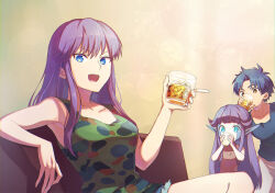 Rule 34 | 2girls, blue eyes, breasts, camouflage, camouflage shirt, cup, drink, drinking, esper (saga), facial mark, flat chest, holding, holding cup, human (saga), long hair, looking at viewer, medium breasts, multiple girls, no s, open mouth, pointy ears, purple hair, saga, saga 1, shirt, smile, sparkling eyes