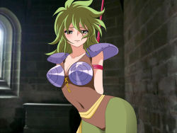 Rule 34 | 1girl, arms behind back, black eyes, blush, bound, breasts, cleavage, green hair, large breasts, legs, looking at viewer, ophiuchus shaina, rope, saint seiya, short hair, shoulder pads, solo, standing, thighs, tied up, yuruchu