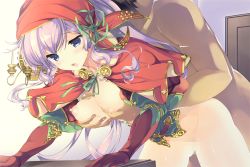 Rule 34 | 1boy, 1girl, :o, blue eyes, bonnet, grabbing another&#039;s breast, breasts, capelet, censored, cowboy shot, doggystyle, flower knight girl, game cg, gloves, grabbing, grabbing from behind, hetero, large breasts, light purple hair, long hair, mosaic censoring, naruse hirofumi, nipples, nude, official art, open mouth, red capelet, red gloves, sex, sex from behind, skimmia (flower knight girl), standing, vaginal