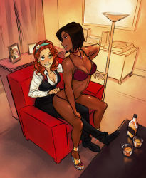 Rule 34 | 2girls, alcohol, anklet, armchair, black hair, blush, bob cut, borrowed character, bra, breasts, brown hair, chair, choker, cleavage, couple, daisy, dark-skinned female, dark skin, drawing (object), earrings, eye contact, feet, flower, formal, glass, green eyes, hairband, heather (krekka), high heels, highres, indoors, interracial, jewelry, lace, lace-trimmed bra, lace trim, large breasts, lips, long hair, looking at another, michelle (krekka), multiple girls, nail polish, navel, necklace, original, pant suit, panties, pants, panty pull, pink nails, psuede, purple bra, purple eyes, red hair, short hair, sitting, sitting on lap, sitting on person, suit, thong, toenail polish, toenails, toes, underwear, underwear only, wedgie, whiskey, yuri