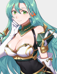 Rule 34 | 1girl, aqua hair, armor, bare shoulders, braid, breasts, chloe (fire emblem), cleavage, commentary, elbow gloves, fire emblem, fire emblem engage, garter straps, gloves, green eyes, highres, large breasts, long hair, looking at viewer, nintendo, peach11 01, pegasus knight uniform (fire emblem), shoulder armor, side braid, single braid, smile, solo, very long hair, white gloves