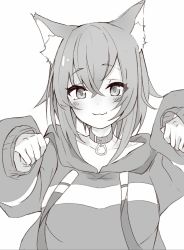 Rule 34 | 1girl, animal ears, breasts, cat ears, closed mouth, collar, collarbone, fang, fang out, hair between eyes, hands up, highres, hololive, hood, hood down, hoodie, long sleeves, looking at viewer, medium breasts, nekomata okayu, nekomata okayu (1st costume), puffy long sleeves, puffy sleeves, simple background, sleeves past wrists, smile, solo, techi (siro-white 0803), virtual youtuber, white background