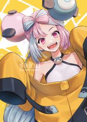 Rule 34 | 1girl, :d, artist name, blurry, character hair ornament, collarbone, commentary request, creatures (company), game freak, hair ornament, highres, iono (pokemon), jacket, long hair, looking at viewer, multicolored hair, nintendo, open mouth, pink hair, pokemon, pokemon sv, purple eyes, sakai (motomei), sharp teeth, shirt, sleeveless, sleeveless shirt, sleeves past fingers, sleeves past wrists, smile, solo, teeth, tongue, twitter username, two-tone hair, upper body, watermark, yellow jacket