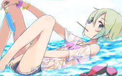 Rule 34 | 10s, 1girl, bangle, blue eyes, blush, bracelet, food, green hair, holding, idolmaster, idolmaster cinderella girls, jewelry, long hair, long legs, looking at viewer, lying, mouth hold, off shoulder, on back, partially submerged, popsicle, shiomi syuko, shoes, unworn shoes, short hair, shorts, solo, ueshita, water, wet, wet clothes