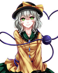 Rule 34 | 1girl, absurdres, bad id, bad pixiv id, blouse, bow, breasts, collar, diamond (shape), frilled collar, frilled shirt collar, frilled sleeves, frills, green eyes, green skirt, hat, hat bow, head tilt, heart, heart-shaped pupils, heart of string, highres, komeiji koishi, long sleeves, looking at viewer, sheya, shirt, short hair, silver hair, skirt, small breasts, smile, solo, symbol-shaped pupils, third eye, touhou, upper body, yellow shirt