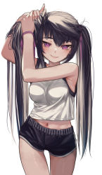 Rule 34 | 1girl, absurdres, ahoge, armpits, black hair, black shorts, blush, breasts, commentary, cowboy shot, dolphin shorts, hair tie, highres, holding, holding own hair, long hair, looking at viewer, md5 mismatch, medium breasts, midriff, navel, original, priite hari (torriet), purple eyes, resolution mismatch, shirt, short shorts, shorts, sleeveless, sleeveless shirt, smile, solo, source smaller, standing, torriet, twintails, tying hair, very long hair, white background, white shirt
