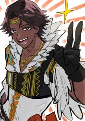 Rule 34 | + +, 1boy, :d, arm at side, black gloves, black hair, bright pupils, brown eyes, circlet, collarbone, dark-skinned male, dark skin, eyelashes, feather-trimmed sleeves, feather collar, feather trim, feathers, fire emblem, fire emblem engage, fogado (fire emblem), gloves, gold necklace, hair intakes, hand up, highres, jewelry, liondance 0220, looking at viewer, male focus, necklace, nintendo, open mouth, shirt, short hair, smile, solo, sparkle, teeth, white feathers, white pupils, white shirt