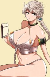 Rule 34 | 10s, 1girl, arm support, asymmetrical hair, bare arms, bare legs, braid, breasts, cloud print, curvy, hifumi hajime, huge breasts, kantai collection, long hair, looking at viewer, midriff, navel, off shoulder, ponytail, silver hair, simple background, sitting, smile, solo, thick thighs, thighs, unryuu (kancolle), very long hair, wavy hair, wide hips, yellow background, yellow eyes